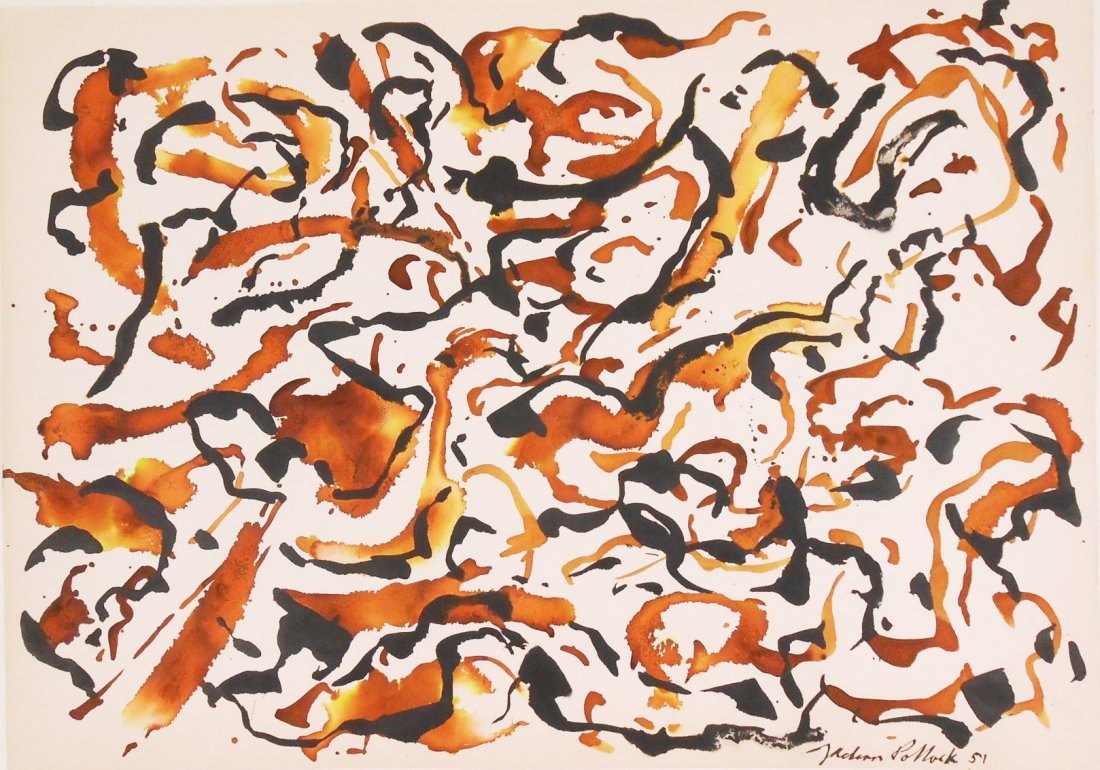 Jackson Pollock (1912-1956) Ink On Paper: Black and brown ink drawing on wove paper, untitled abstract, signed* (Jackson Pollock, 1912-1956). Circa early 1950's. 10 1/8 x 14 1/4 inches. Slight crazing/flaking to ink in some areas, otherwise g