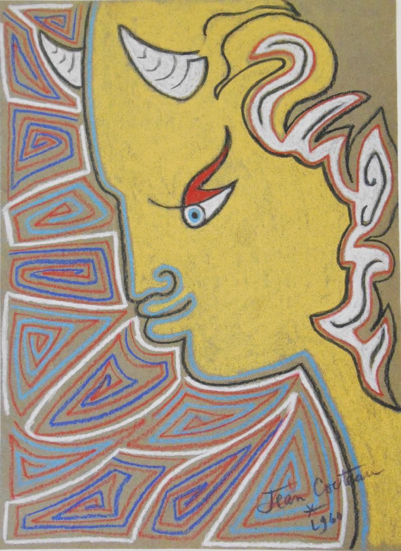 Jean Cocteau (1889-1963) Pastel On Paper: Colored chalks on light brown paper, profile of a satyr with arabesques, signed* (Jean Cocteau, 1889-1963). Dated 1960. 10 3/8 x 7 7/8 inches. Very good condition. Unframed for inspection and shipping