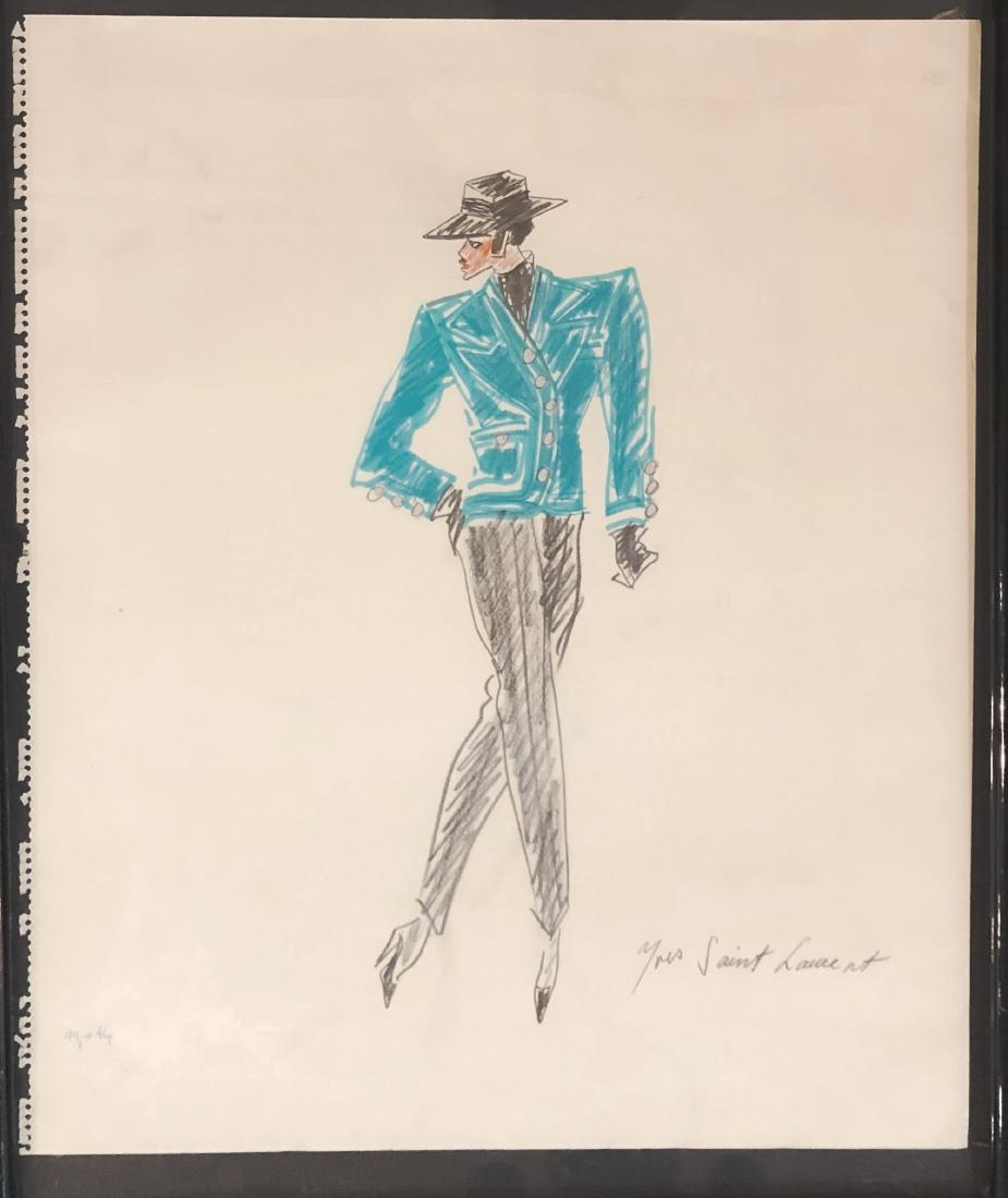 Yves Saint-Laurent (1936-2008) Drawing: Original fashion drawing, graphite with colored markers heightened with watercolor, by Yves Saint-Laurent (1936-2008). Signed. 22 x 18 inches. Framed. Provenance: From the collection of a prominent pr