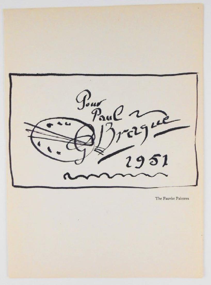 Georges Braque (1882-1963) Pen & Ink Drawing: Dark purple ink drawing on printed page, untitled souvenir drawing, signed* (Georges Braque, 1882-1963). Dated 1951 and inscribed, "Pour Paul." 10 x 7 inches. Very good condition. Unframed for shippin