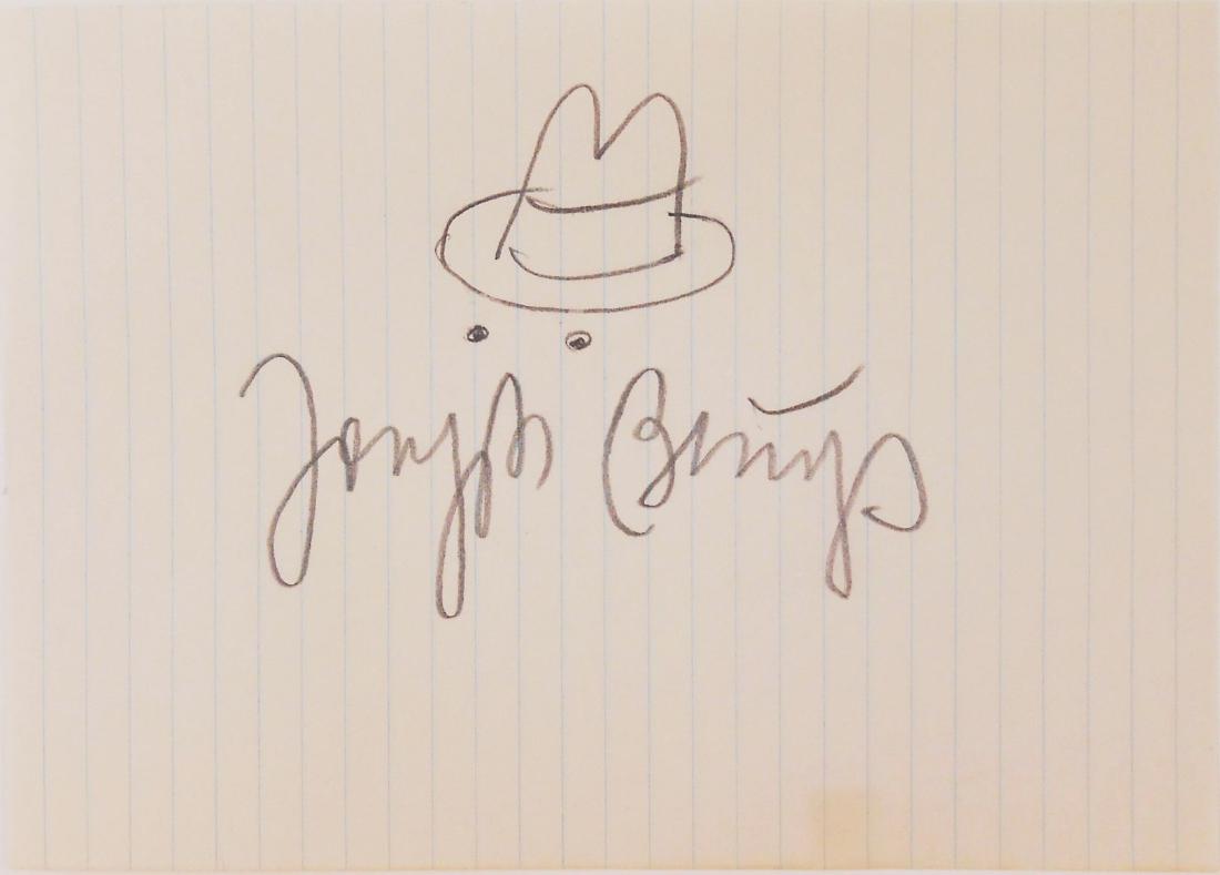 Joseph Beuys (1921-1986) Souvenir Drawing: Pencil drawing on ruled paper, souvenir sketch of a hat with two eyes below, signed* (Joseph Beuys, 1921-1986). 5 x 7 inches. Very good condition. Unframed for inspection and shipping.Provenance: Prop