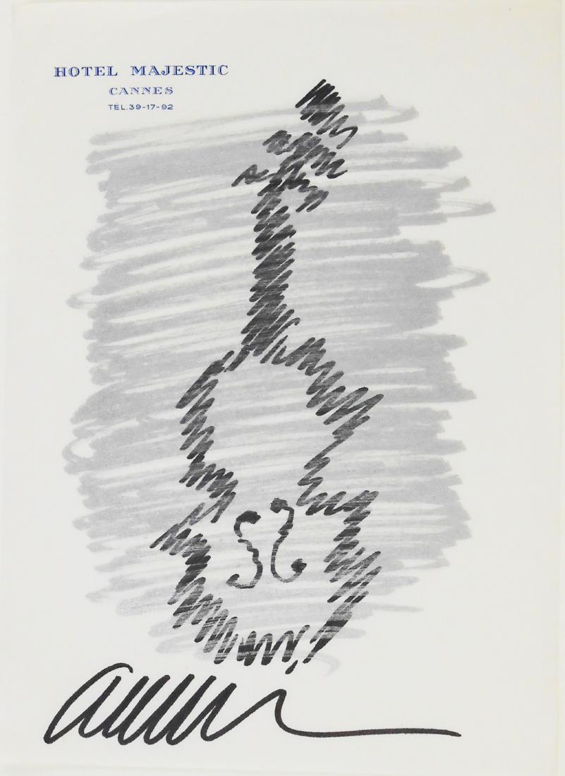 Fernandez Arman (1928-2005) Souvenir Drawing: Black and silver marker pens on Hotel Majestic (Cannes) stationary, violin, signed* (Fernandez Arman, 1928-2005). 7 x 5 1/8 inches. Unframed.Provenance: Ex-collection, Romy Masson, Nice (France). Now