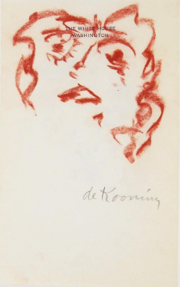 Willem De Kooning (1904-1997) Charcoal Drawing: Red chalk drawing, untitled portrait of a woman, on official White House stationary watermarked with the Great Seal of the United States, signed* (Willem de Kooning, 1918-1989) 8 x 5 inches. Excellent