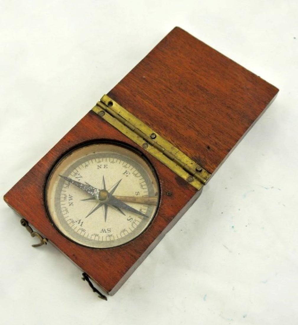 Antique Mahogany-Cased Compass: Vintage compass in hinged mahogany case. 3 x 3 inches.