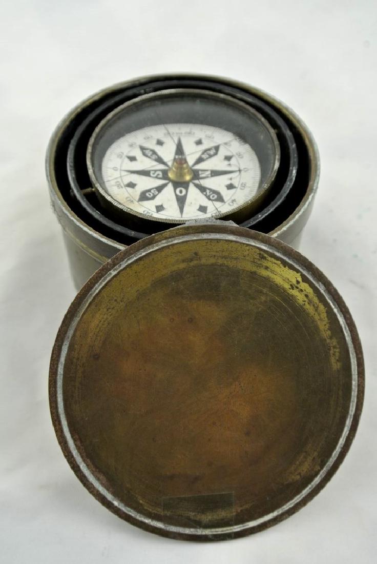 Antique Nautical Compass: Antique nautical compass in fitted round brass case. Diameter: 3 1/4 inches.