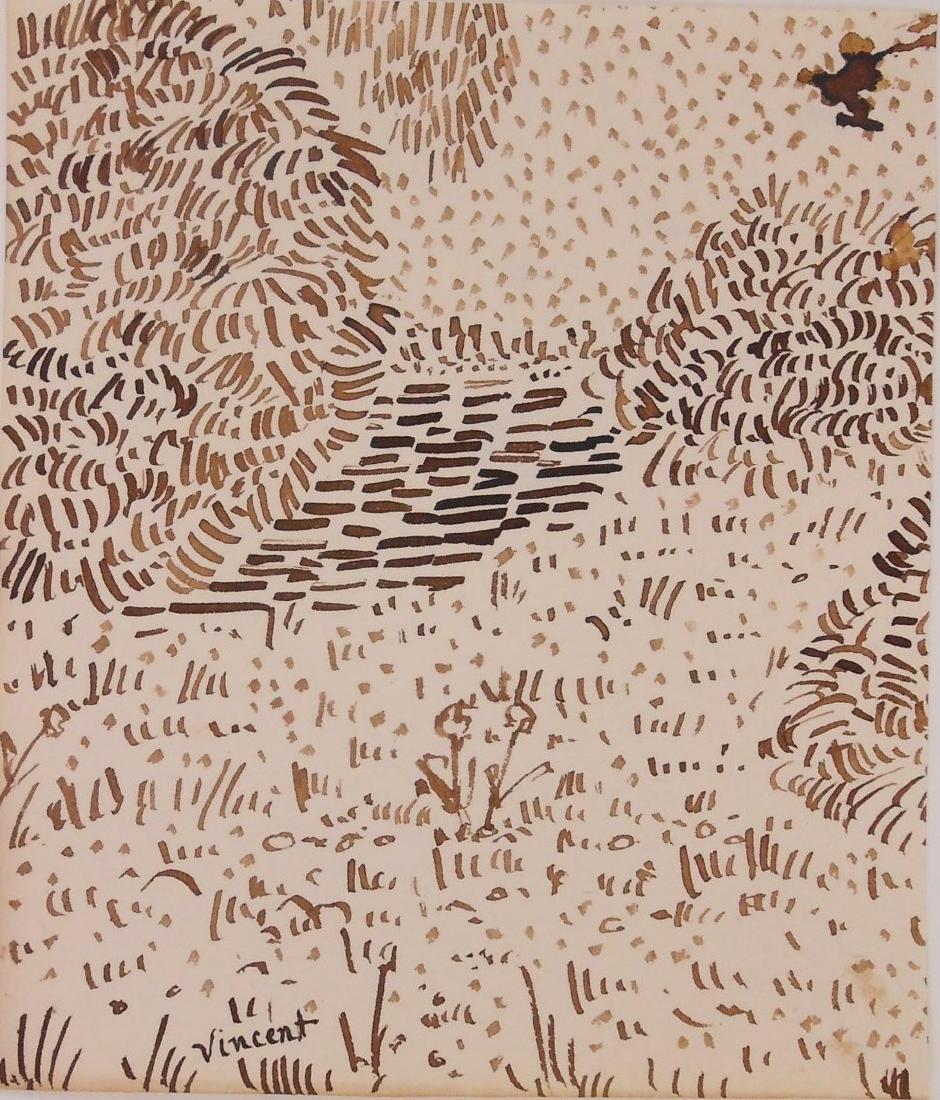 Vincent Van Gogh (1853-1890) Pen & Ink Drawing: Pen and brown ink drawing on laid paper, garden scene, signed* (Vincent van Gogh, 1853-1890). 6 5/8 x 5 3/4 inches. Good condition overall; ink splotch in upper right corner appears to be contemporary