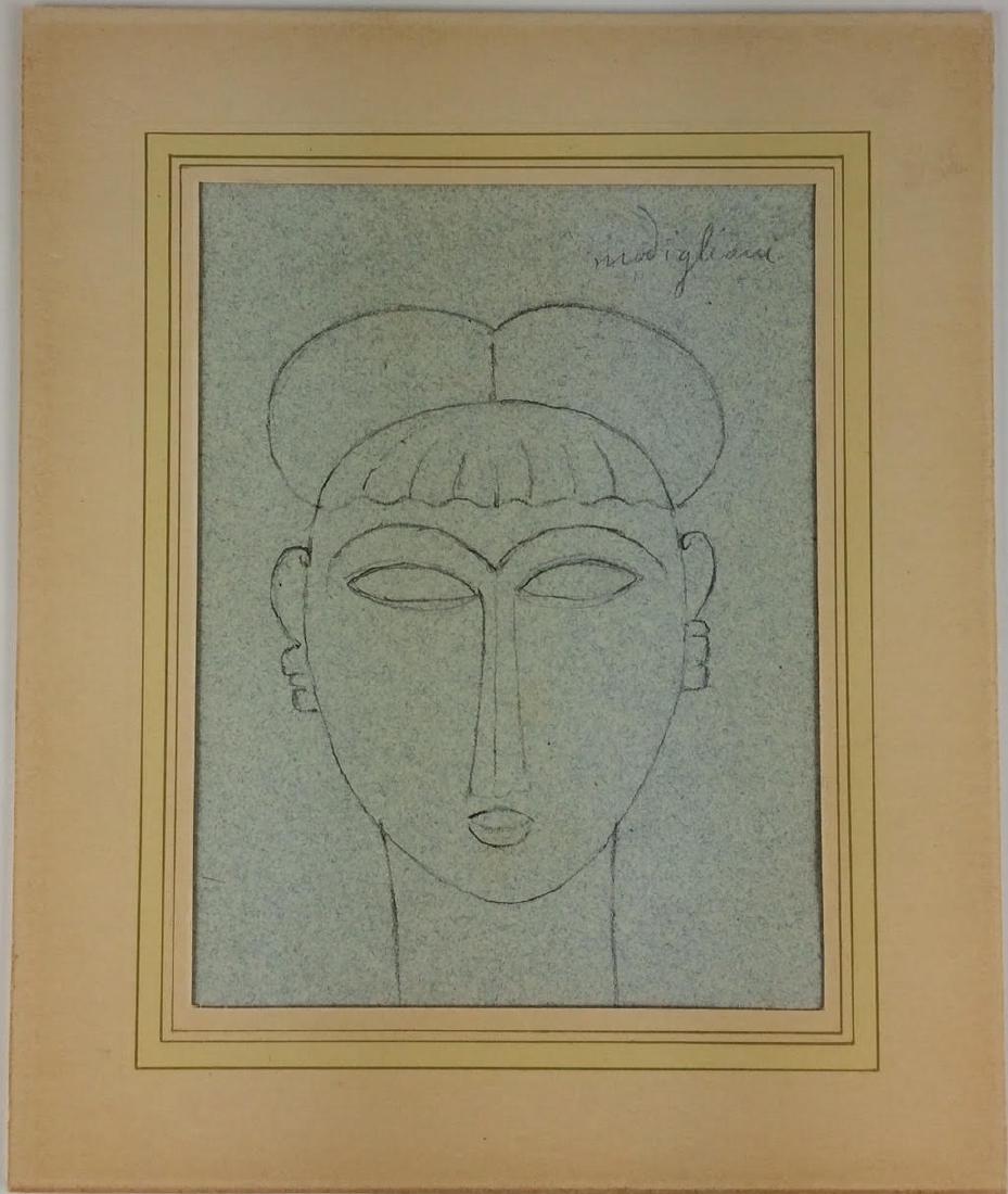 Amedeo Modigliani (1884-1920) Pencil Drawing: Graphite on light blue wove Italian paper (Fabriano), portrait of a woman, attributed* to Amedeo Modigliani (1884-1920). Signed. 8 7/8 x 6 3/4 inches. Good condition overall. Unframed for inspection a