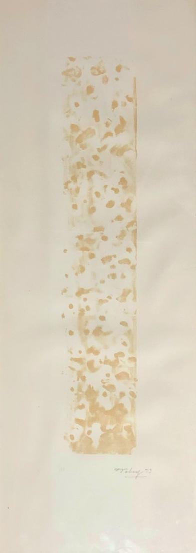 Mark Tobey (1890-1976) Signed Lithograph: Original lithograph printed in colors, untitled, by Mark Tobey (1890-1976). Signed and numbered (edition of 20), circa 1973. 27 x 9 7/8 inches. Very good condition. Framed. Provenance: Property from a