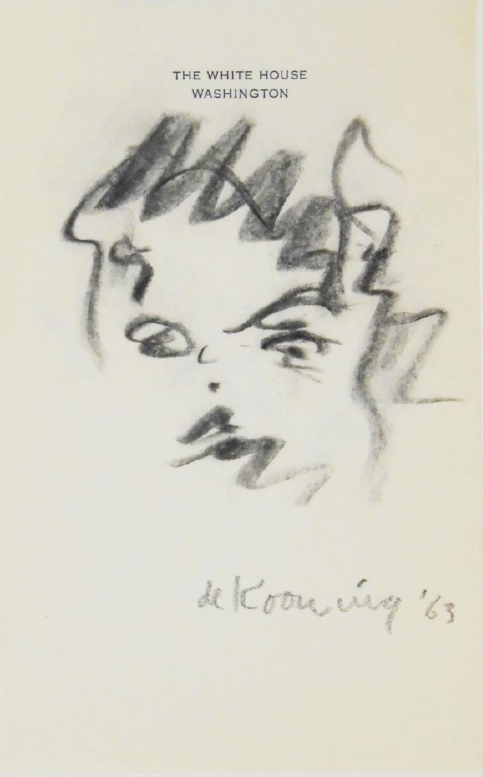 Willem De Kooning (1904-1997) Charcoal Drawing: Charcoal drawing, untitled portrait of a woman, on official White House stationary watermarked with the Great Seal of the United States, signed* and dated '63 (Willem de Kooning, 1918-1989) 8 x 5 inch