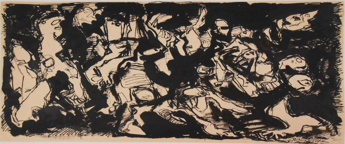 Jackson Pollock (1912-1956) Black Ink On Paper: Black ink drawing on tan wove paper, untitled abstract with figures, signed* (Jackson Pollock, 1912-1956). Circa 1940-1950. 5 7/8 x 14 1/4 inches. Small tear at center top edge (repaired), otherwise g