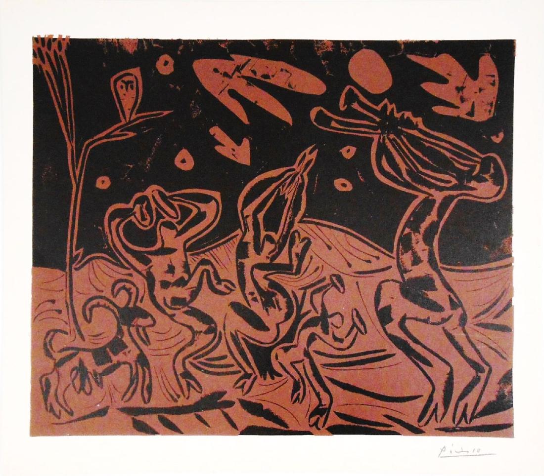 Pablo Picasso (1881-1973) Signed Linocut: Facsimile color linoleum cut, Les danseurs au hibou, Abrams edition, 1962, after the original by Pablo Picasso (1881-1973), created under the direction of the artist using the original linocut prints 