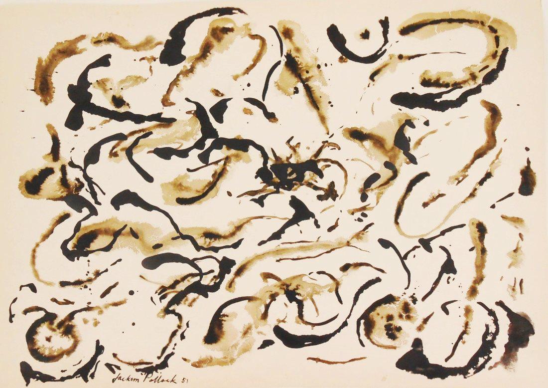 Jackson Pollock (1912-1956) Ink On Paper: Black and sepia-colored ink drawing on wove paper, untitled abstract, signed* (Jackson Pollock, 1912-1956). Circa early 1950's. 10 1/8 x 14 1/4 inches. Good condition overall. Unframed for inspection 
