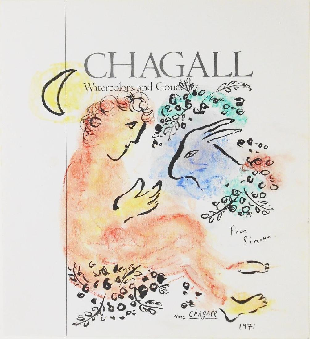 Marc Chagall (1887-1985) Ink & Chalk Drawing: Colored chalk and black ink souvenir drawing executed on the printed title page from "Chagall Watercolors and Gouaches." Signed*, dedicated, and dated (Marc Chagall, 1887-1985). 11 x 10 1/8 inches. Ve