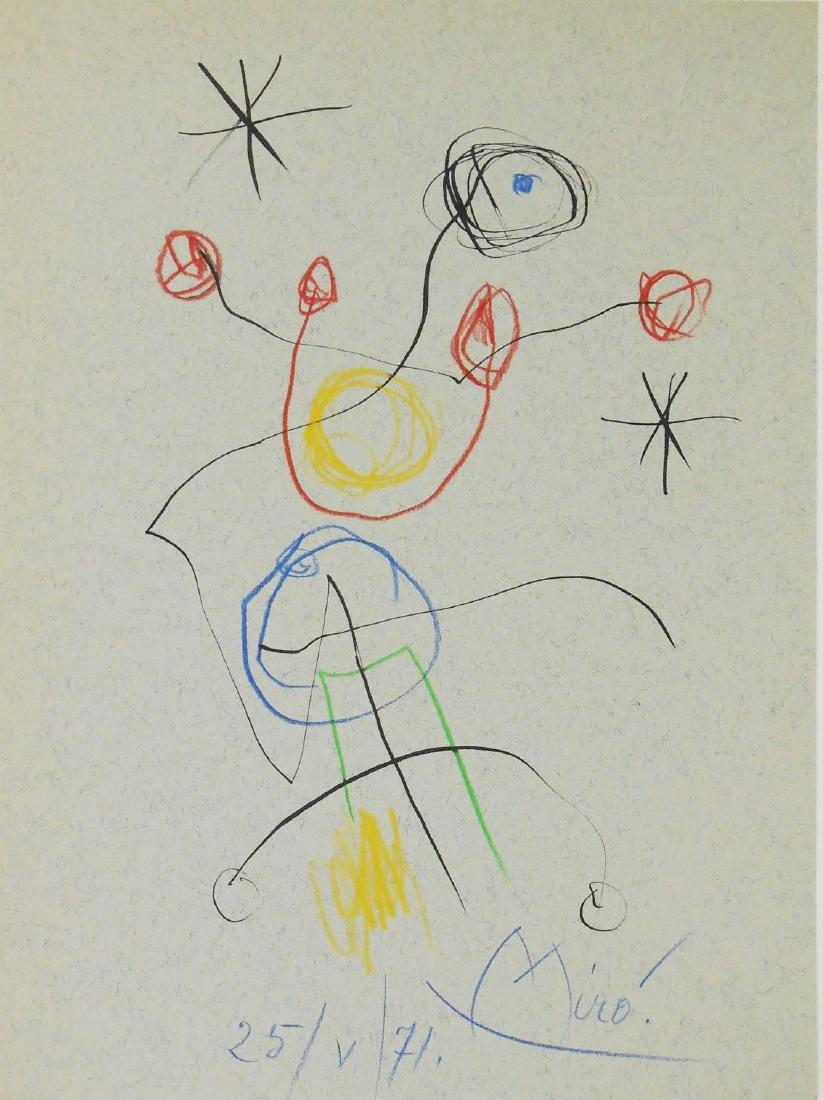 Joan Miro (1893-1983) Ink On Grey Paper: Ink and colored pencil drawing on greyish paper with silk threads, abstract with figure and constellations, signed* and dated (Joan Miro, 1893-1983). 10 3/4 x 8 inches. Excellent condition. Unframed f