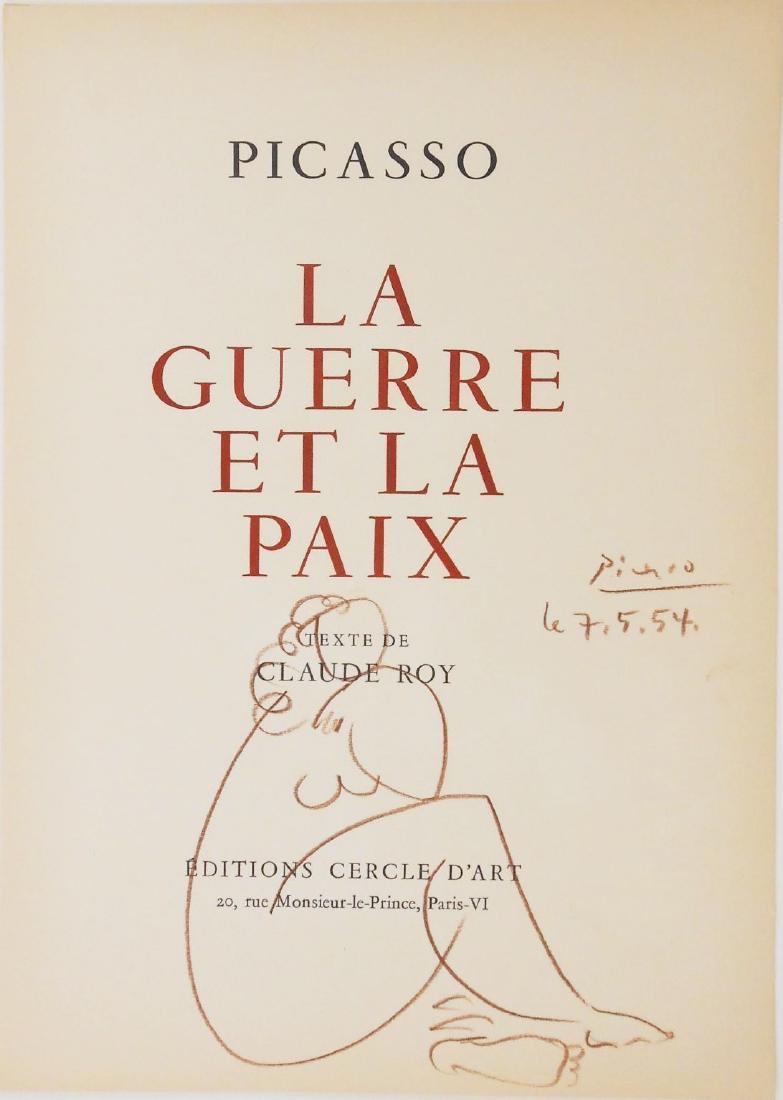 Pablo Picasso (1881-1973) Pencil Drawing: Brown pencil drawing of a seated woman executed on the title page of "La Guerre et la Paix," published in 1954. Signed* and dated (Pablo Picasso, 1881-1973). 14 1/4 x 10 1/4 inches. Very good conditio