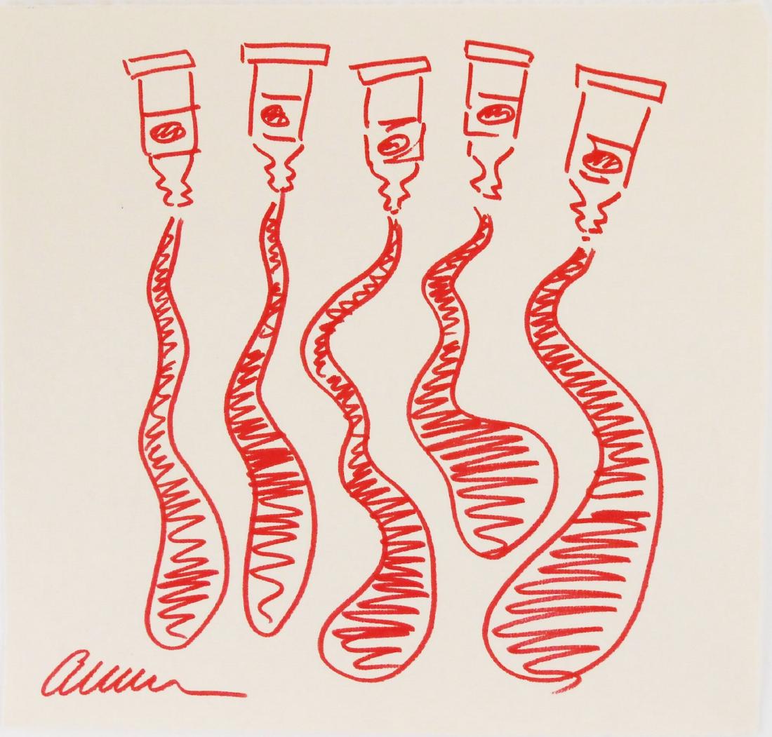 Fernandez Arman (1928-2005) Souvenir Drawing: Red marker pen drawing on laid paper, tubes of paint, signed* (Fernandez Arman, 1928-2005). 8 1/2 x 8 7/8 inches. Excellent condition. This lot has been removed from its frame for inspection and shipp