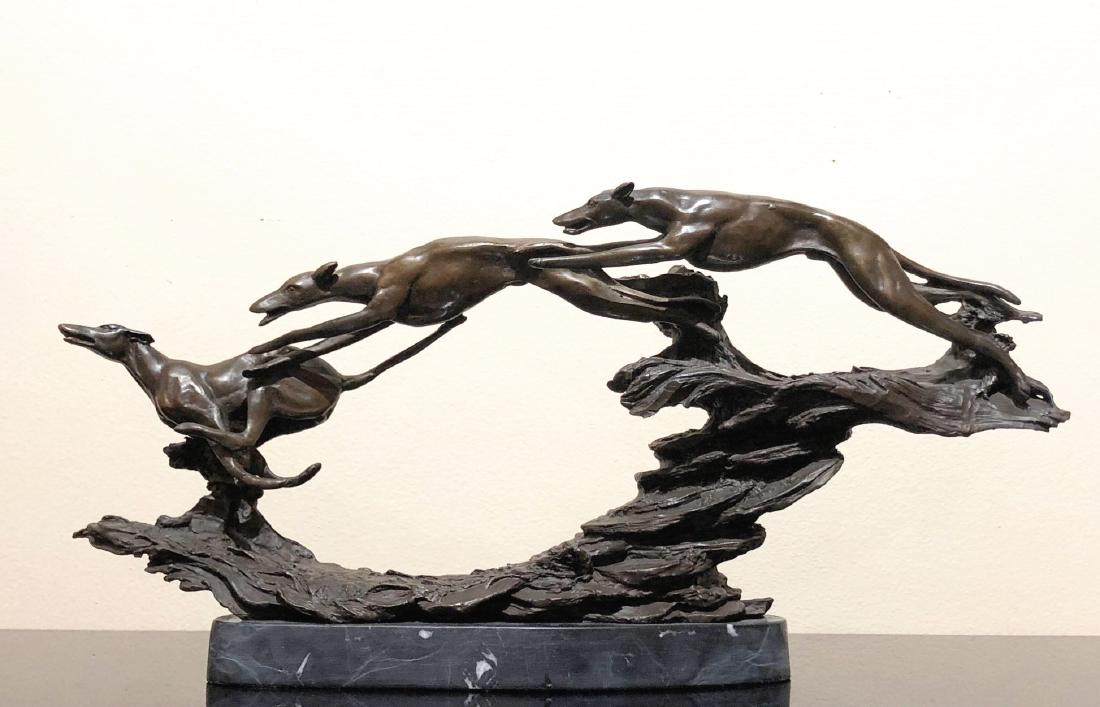 Bronze Sculpture, Three Greyhounds: Bronze sculpture on marble base, Three Racing Greyhounds, probably circa late-20th century, signed "Thomas". By European Bronze Finery. THIS LOT IS BEING OFFERED WITH NO RESERVE
