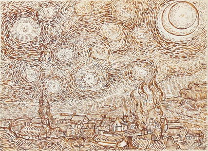 Vincent Van Gogh (1853-1890) Pen & Ink Drawing: Pen and brown ink over traces of pencil on wove drawing paper, variation on "The Starry Night," signed* (Vincent van Gogh, 1853-1890). 8 1/4 x 11 1/4 inches. Unframed for inspection and shipping. Sold