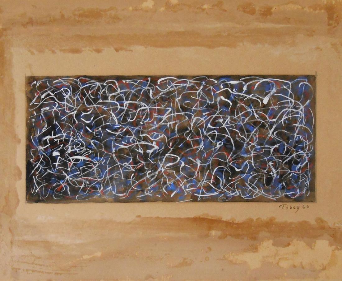 Mark Tobey (1890-1976) Watercolor & Gouache: Watercolor and gouache on illustration board, untitled composition, signed* (Mark Tobey, 1890-1976). 9 1/4 x 11 5/8 inches (overall dimensions). Very good condition. Unframed for inspection and shippi