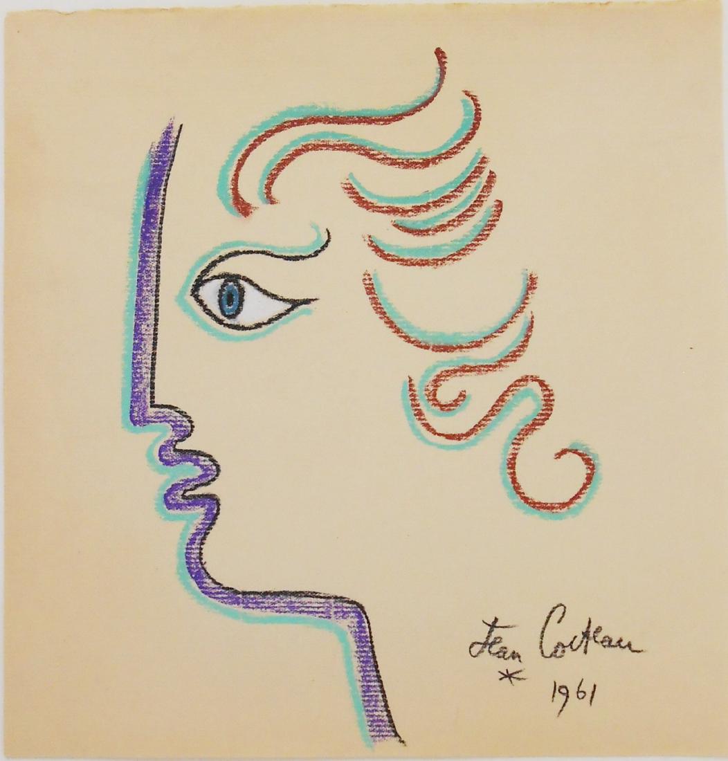 Jean Cocteau (1889-1963) Chalk Drawing: Chalk drawing on laid paper, face in profile, signed* (Jean Cocteau, 1889-1963) and dated 1961. 8 5/8 x 8 3/8 inches. Very good condition. Unframed for inspection and shipping. Sold without frame. Pro