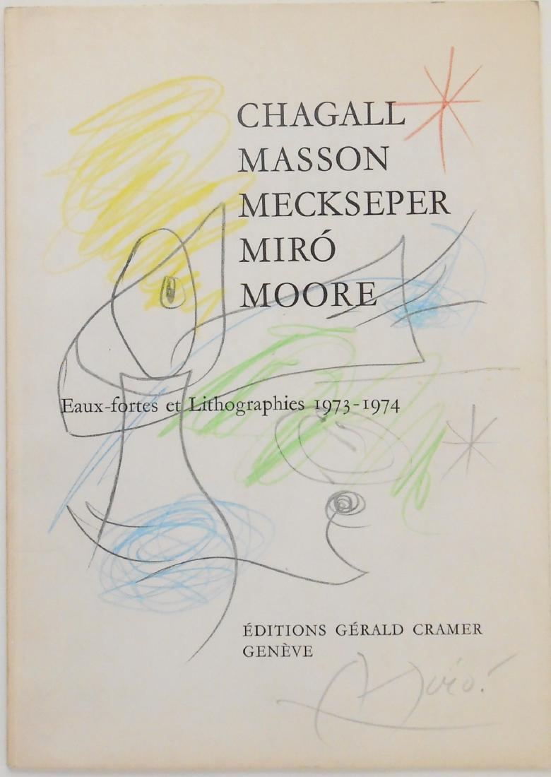 Joan Miro (1893-1983) Colored Pencil Drawing: Pencil and colored pencil souvenir drawing executed on the front cover of an exhibition catalog, "Chagall, Masson, Meckseper, Miro, Moore, Eaux-fortes et Lithographies 1973-1974," published by Edition