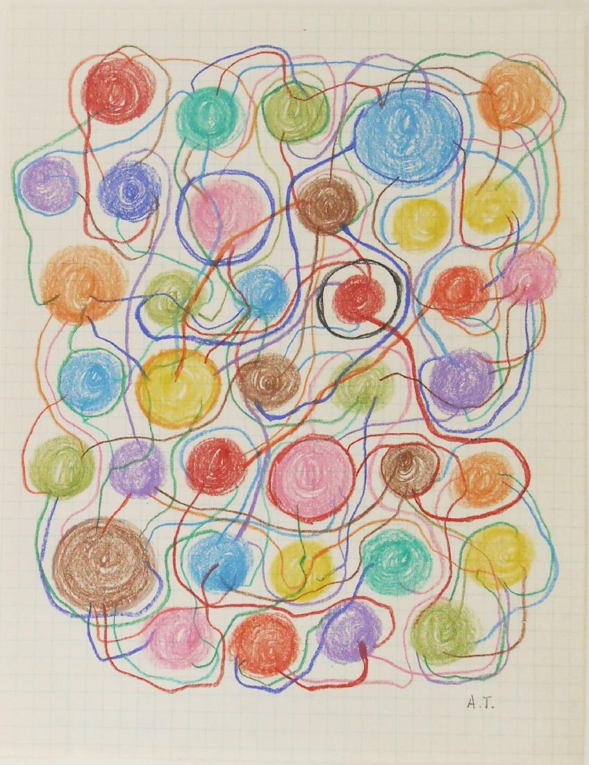 Atsuko Tanaka (1932-2005) Colored Pencil Drawing: Colored pencil drawing on gridded (graph) paper, untitled (tangled circles), artist's initials on the front, signed on the reverse* (Atsuko Tanaka, 1932-2005). 10 7/8 x 8 1/2 inches. Appears to be in