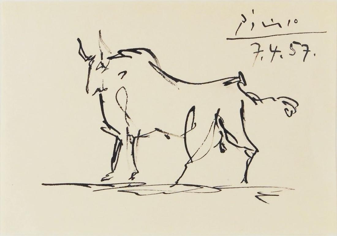 Pablo Picasso (1881-1973) Black Ink Sketch: Pen & ink sketch on wove paper, portrait of a standing bull, signed* (Pablo Picasso, 1881-1973). Dated 7.4.57. 4 x 5 7/8 inches. Appears to be in very good condition. Unframed for inspection and shipp