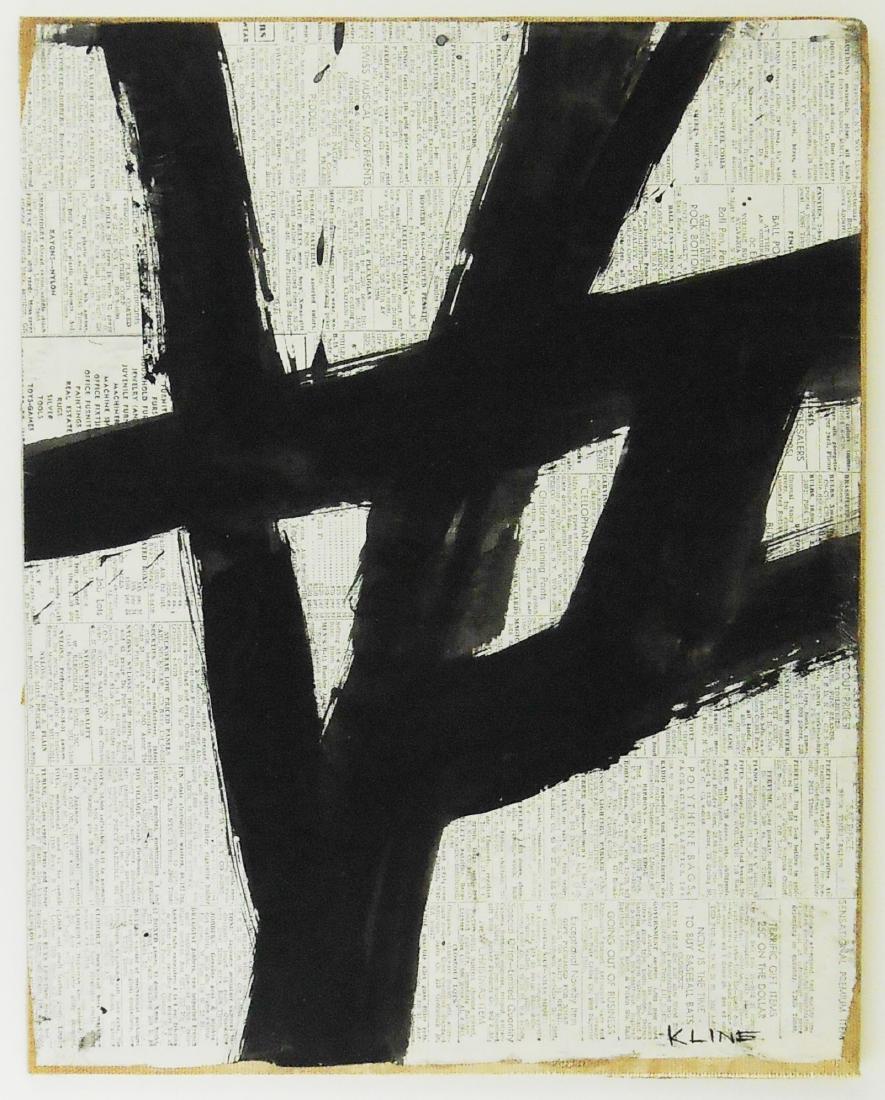 Franz Kline (1910-1962) Gouache On Newspaper: Black gouache on newspaper mounted to canvas laid down on board, untitled abstract, signed* (Franz Kline, 1910-1962). 13 x 10 1/4 inches. Very good overall condition. Unframed for inspection and shipp