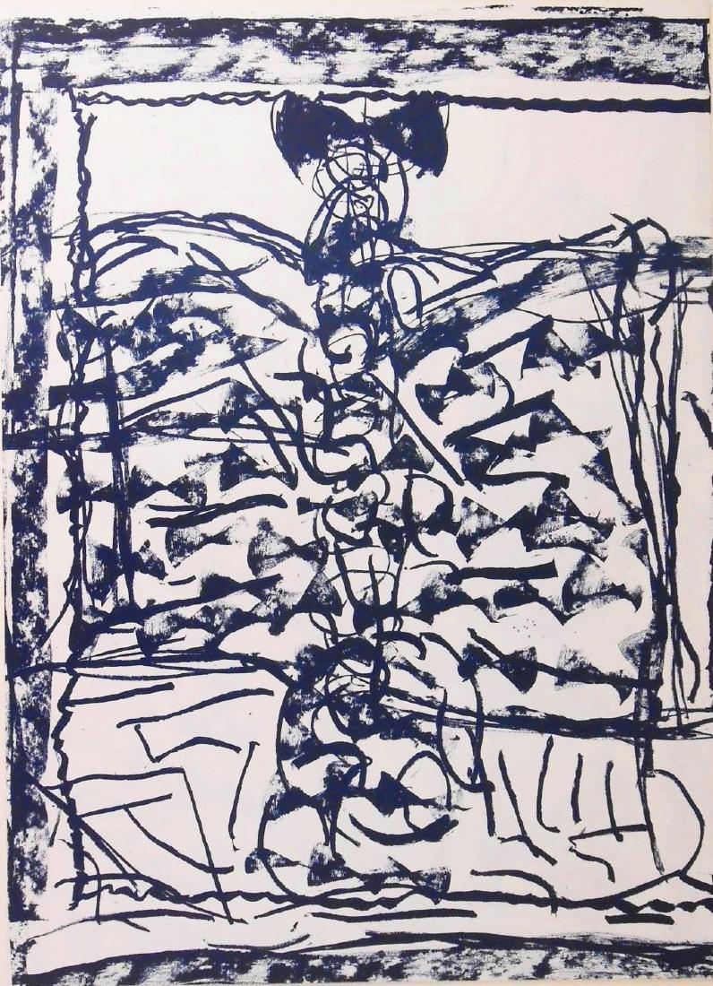 Jean-Paul Riopelle (1923-2002) Color Lithograph: Double-sided color lithograph, deep indigo on white paper, untitled (printed in 1979 by "Derriere Le Miroir"), by Jean-Paul Riopelle (1923-2002). Unsigned. 15 x 11 inches. Very good condition. Sold un