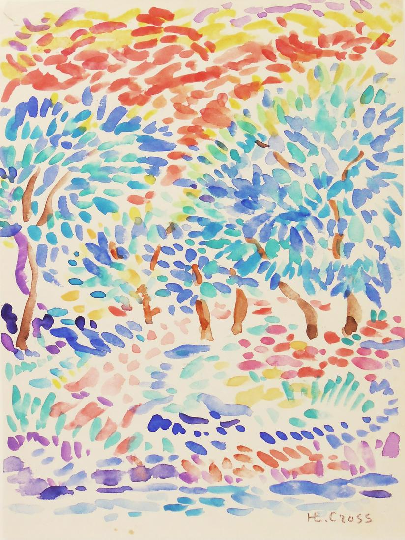 Henri Edmond Cross (1856-1910) Watercolor: Watercolor on laid paper, landscape with trees, signed* (Henri Edmond Cross, 1856-1910). 10 1/8 x 7 5/8 inches. Very small tear in extreme upper left corner, otherwise very good condition. Unframed fo