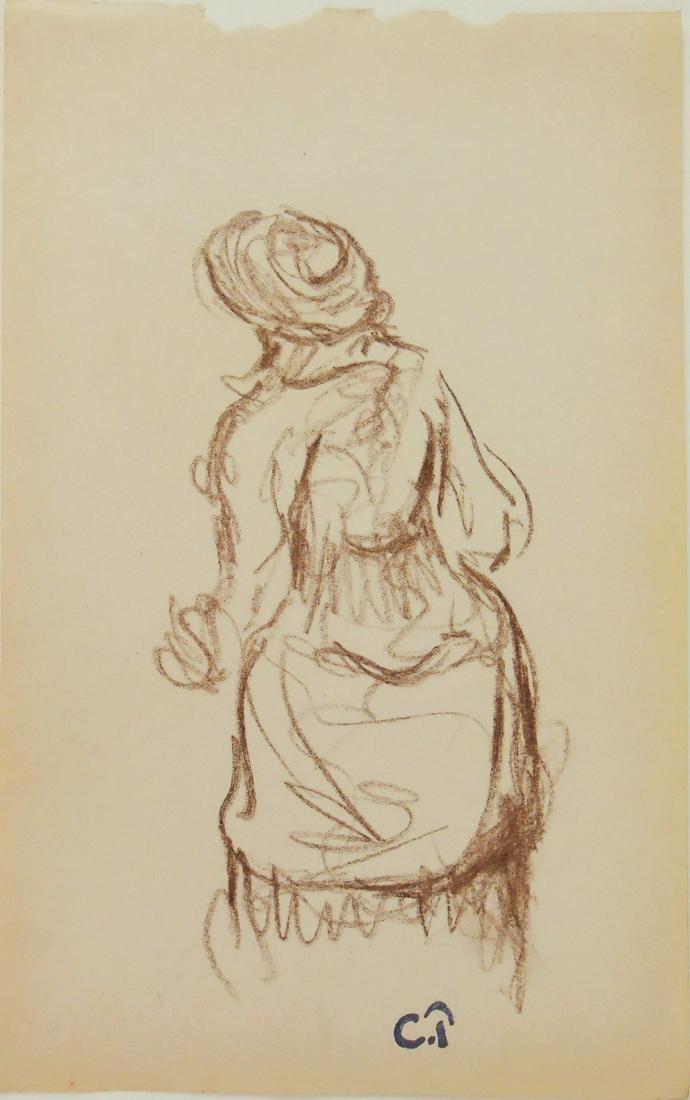 Camille Pissarro (1830-1903) Brown Chalk Drawing: Brown chalk drawing, possibly from an artist's sketchbook, woman wearing a hat, estate stamped with the artist's initials* (Camille Pissarro, 1830-1903). 8 1/4 x 5 1/4 inches. Very good condition. Unf