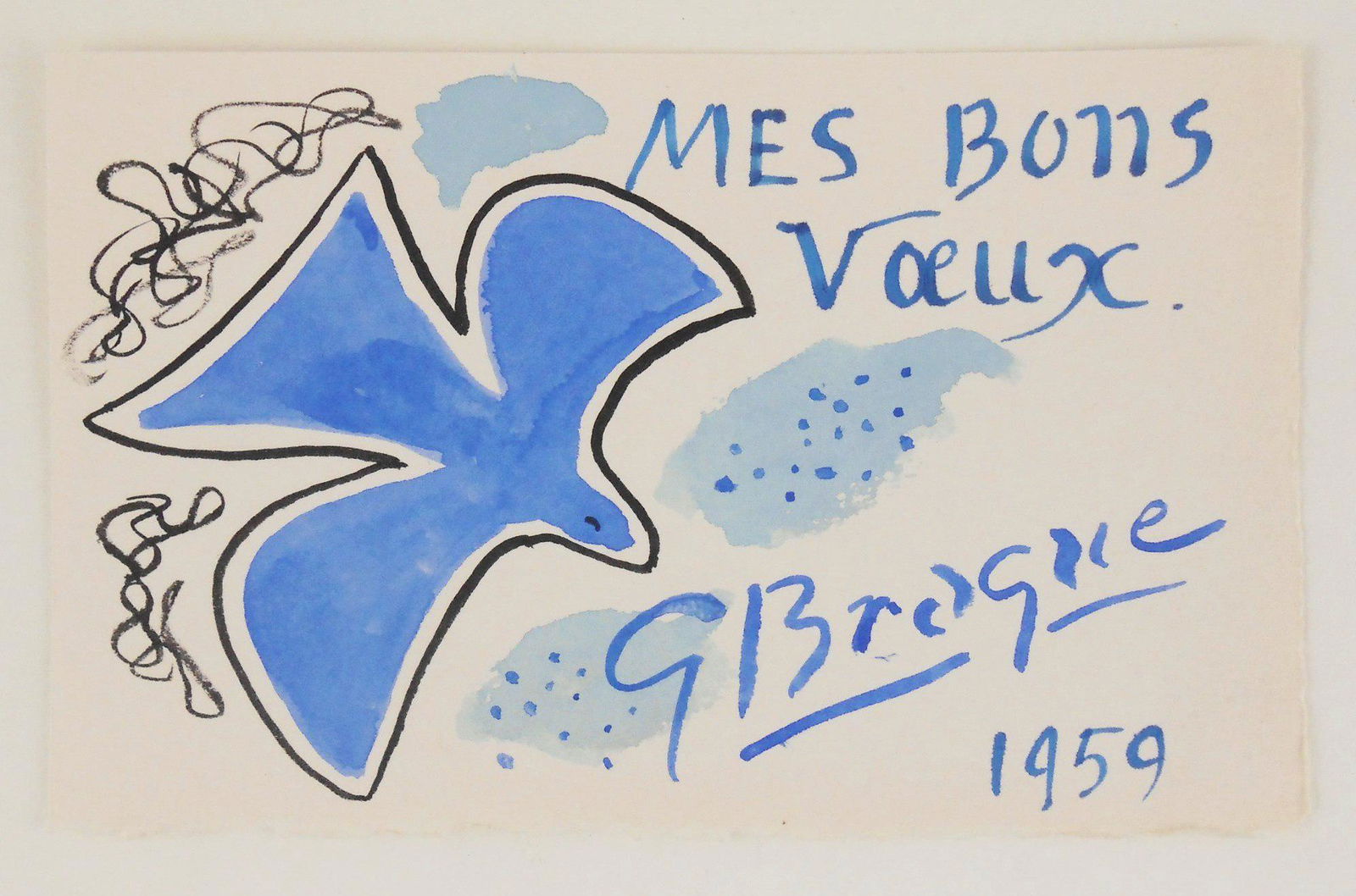 Georges Braque (1882-1963) Greeting Card: Watercolor and black ink on fine quality wove paper, hand-drawn greeting card, "Mes Bons Voeux" (My Good Wishes), signed* (Georges Braque, 1882-1963). Dated 1959. 3 3/4 x 6 inches. Very good condition
