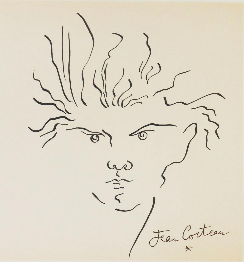Jean Cocteau (1889-1963) Pen & Ink Drawing: Pen and ink drawing on off-white wove paper, portrait of a young man with fiery coiffure, signed* (Jean Cocteau, 1889-1963). 9 x 8 3/8 inches. Very good condition, having no apparent damage or areas o