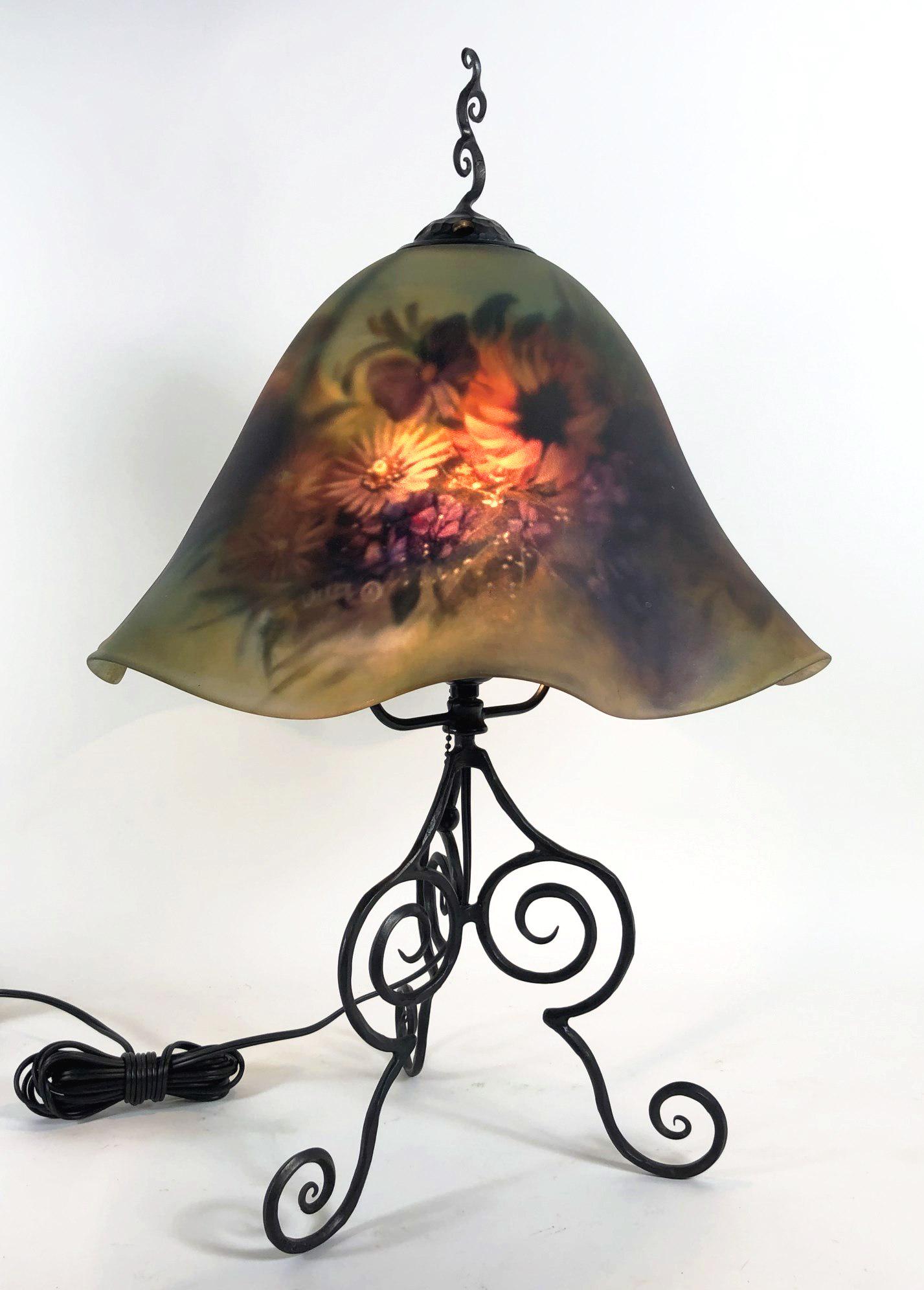 Ulla Darni Art Glass Table Lamp: Original reverse-painted art glass table lamp and base by Ulla Darni. Signed. H. 22 inches. Width of shade, 14 inches. Excellent condition.