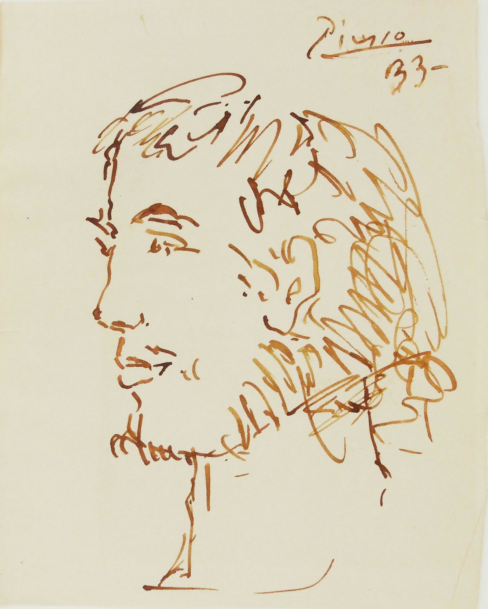 Pablo Picasso (1881-1973) Brown Ink Drawing: Pen and brown ink drawing on wove paper, portrait of a young man with beard, signed* (Pablo Picasso, 1881-1973) and dated '33. 6 x 4 3/4 inches. Good condition, having no apparent damage or repairs. U