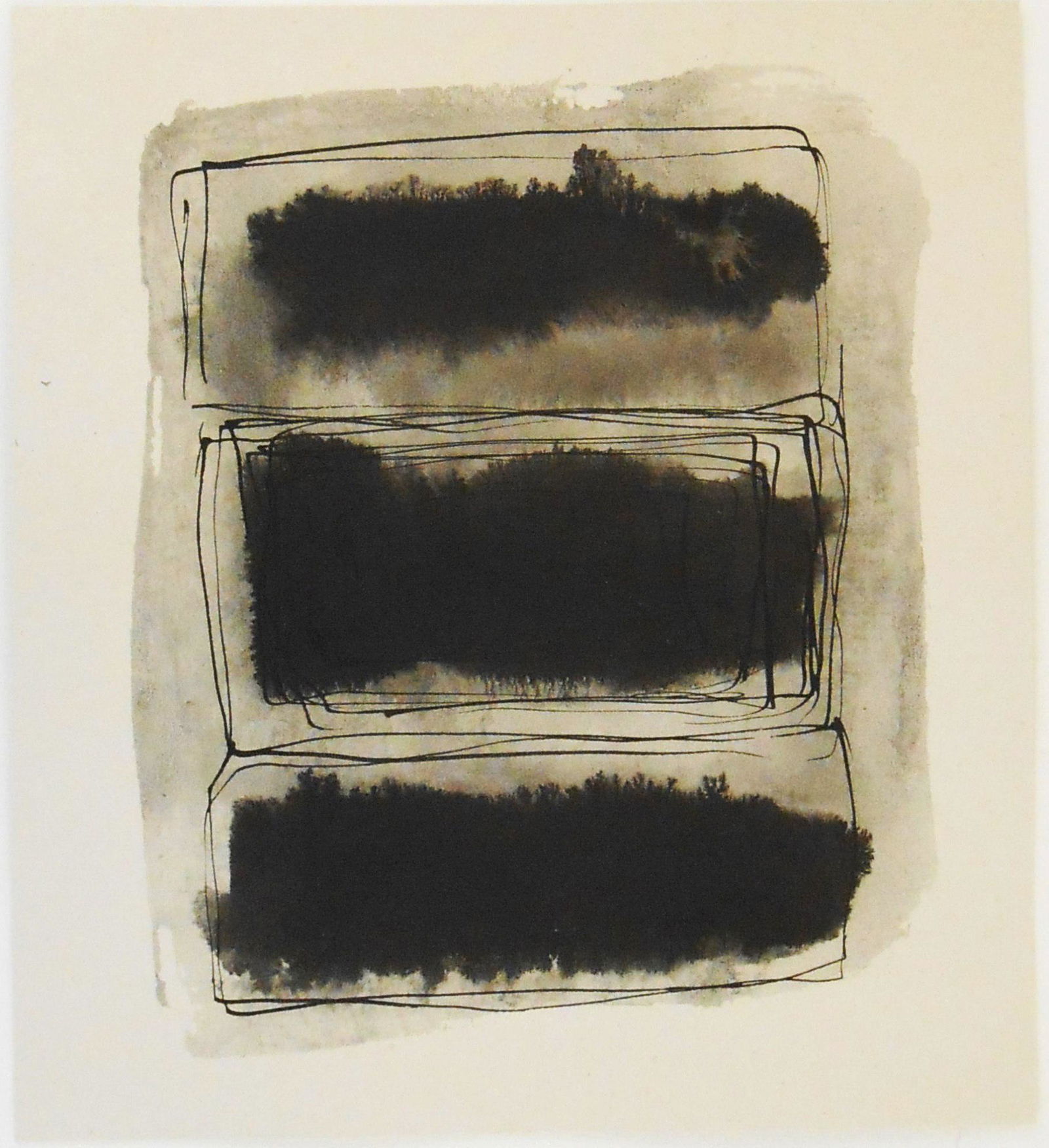 Mark Rothko (1903-1970) Ink & Wash: Black ink and wash on heavy wove paper, untitled abstract, signed* on the reverse (Mark Rothko, 1903-1970). 8 3/4 x 7 7/8 inches. Unframed for inspection and shipping. Sold without frame.Provenance: A
