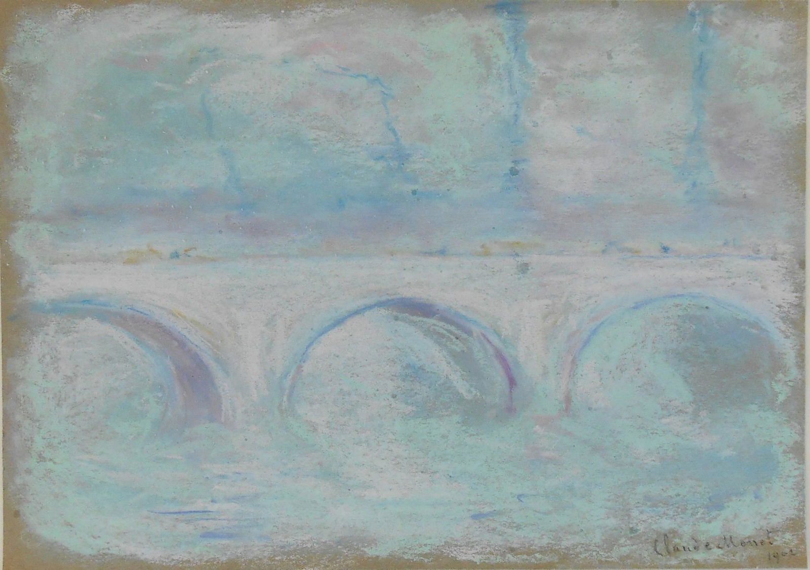 Claude Monet (1840-1926) Pastel, Waterloo Bridge: Pastel on fine greyish-brown wove paper, Waterloo Bridge, signed* (Claude Monet, 1840-1926). Dated 1902. 7 7/8 x 11 1/4 inches. Good condition overall, having no apparent damage or repairs. Has been u