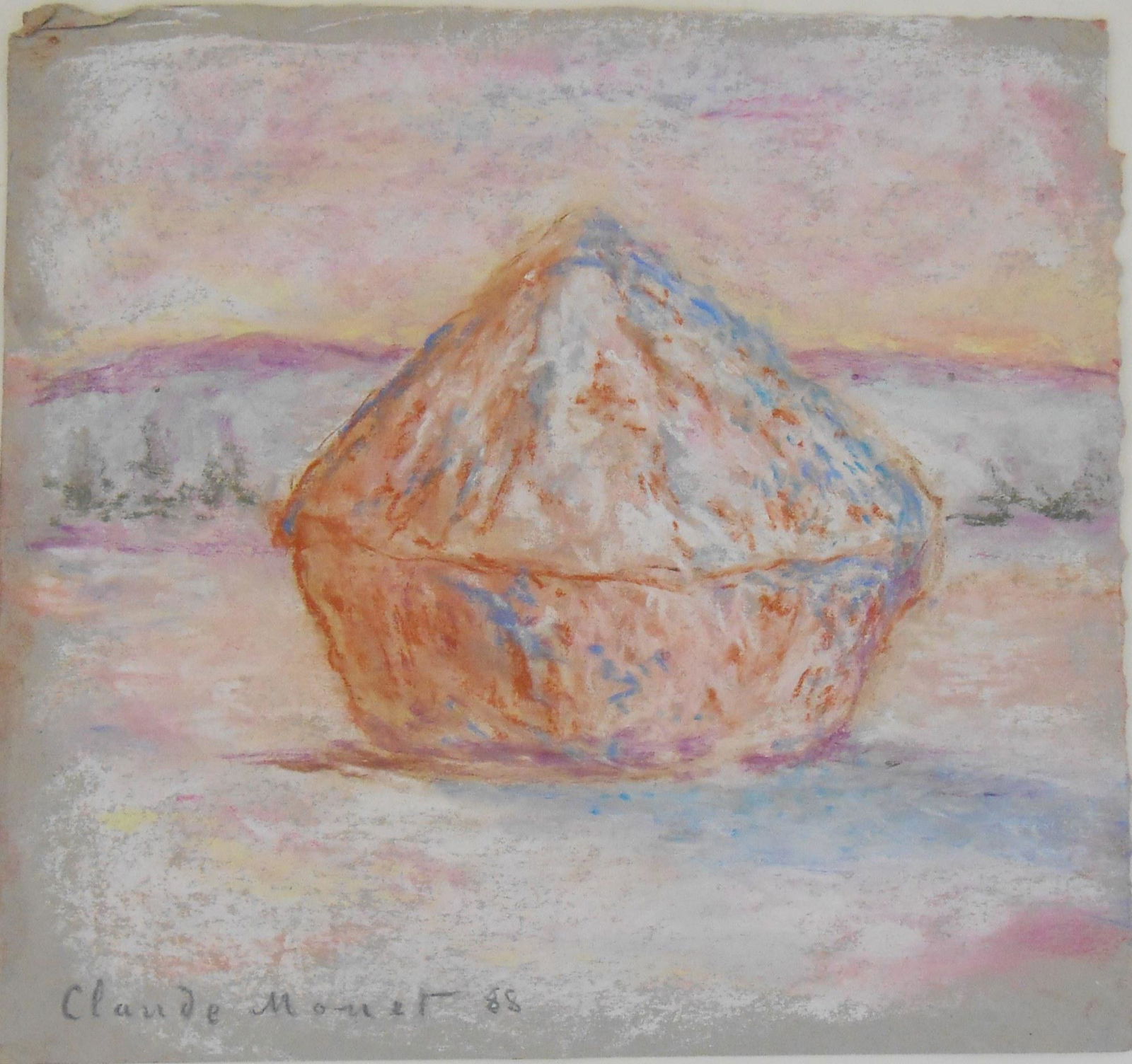 Claude Monet (1840-1926) Pastel, Grainstack: Pastel on fine handmade grey wove paper, grainstack in winter, signed* (Claude Monet, 1840-1926). Dated '88. 7 5/8 x 8 1/4 inches. Good condition overall, having no apparent damage or repairs. Has bee