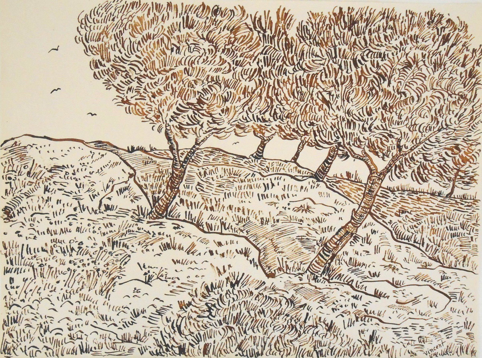 Vincent Van Gogh (1853-1890) Pen & Ink Drawing: Pen and ink drawing on wove paper, trees on a hillside, signed* (Vincent van Gogh, 1853-1890). 8 3/8 x 11 1/4 inches. Good condition overall. Unframed for inspection and shipping. Sold unframed.Proven