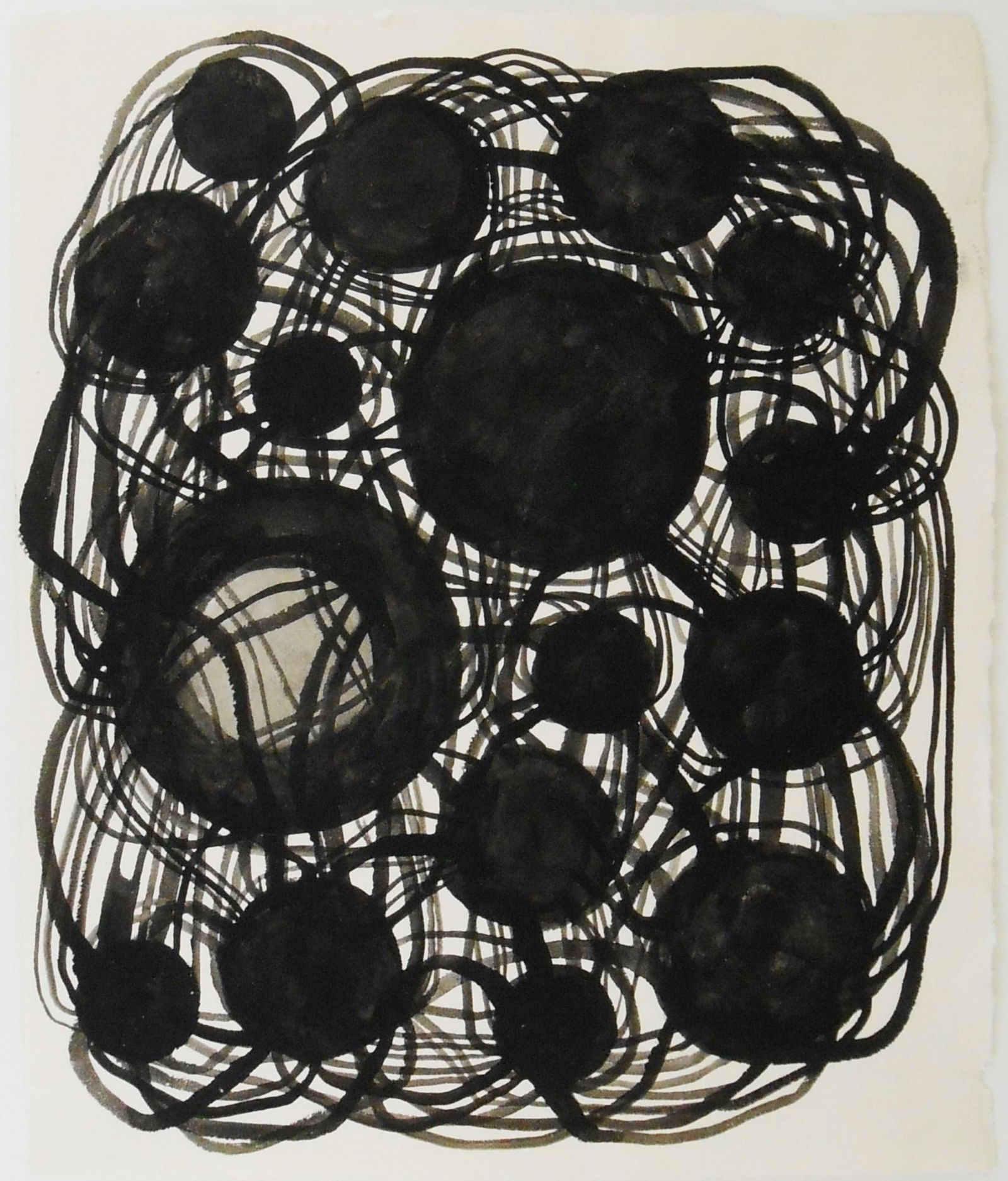 Atsuko Tanaka (1932-2005) Gouache On Paper: Black gouache on handmade wove paper, untitled (tangled circles), signed on the reverse* (Atsuko Tanaka, 1932-2005). 14 1/4 x 12 inches. Very good condition, having no repairs or visible damage. Unfra