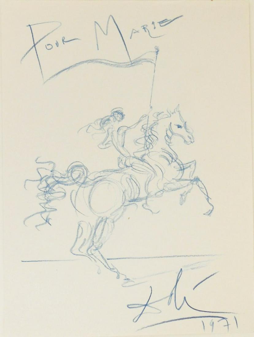 Salvador Dali (1904-1989) Colored Pencil Drawing: Blue colored pencil drawing on heavy wove paper, horse and rider, signed* (Salvador Dali, 1904-1989). Dated 1971 and inscribed "Pour Marie." 9 1/8 x 6 7/8 inches. Very good condition. Unframed for ins