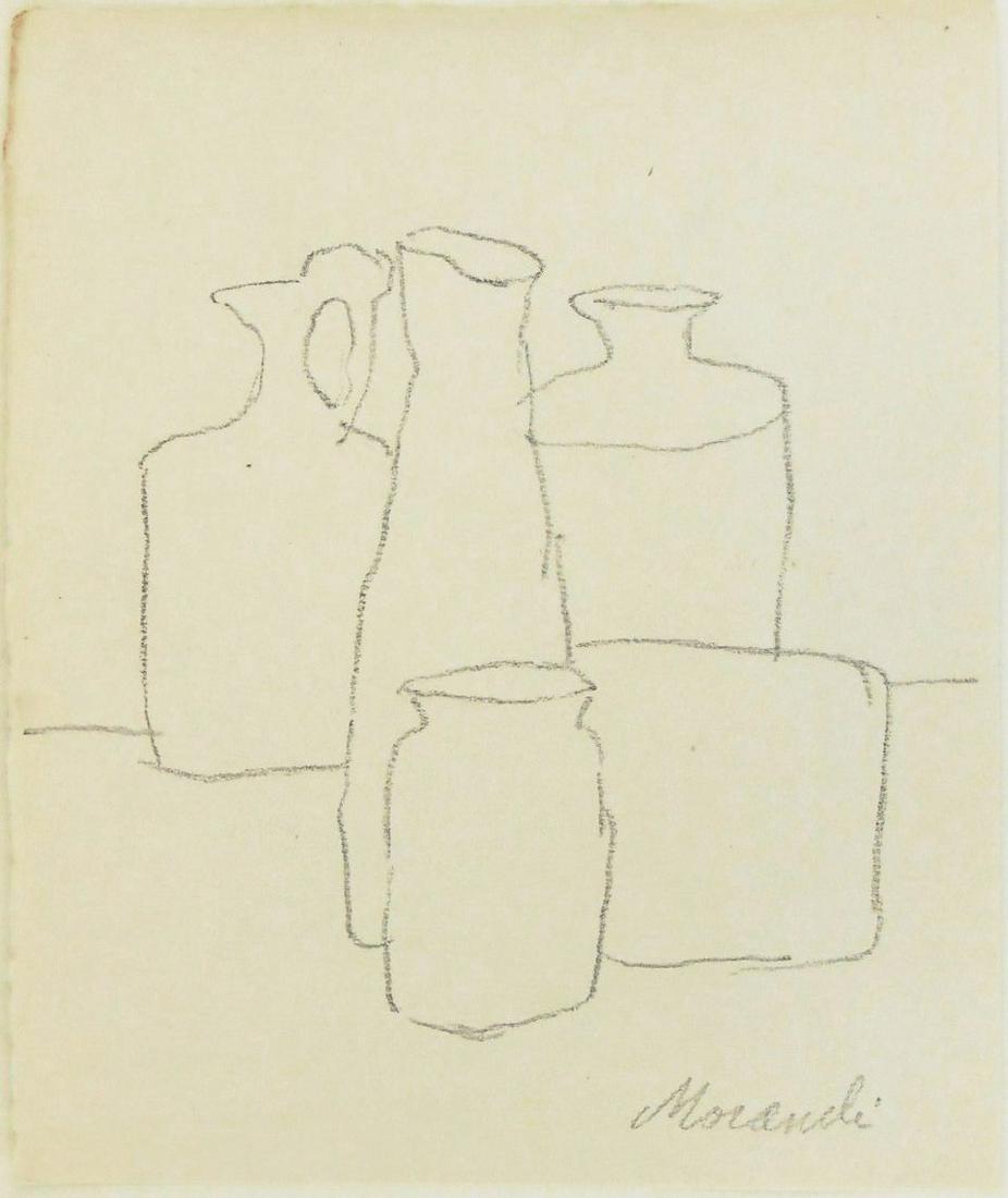 Giorgio Morandi (1890-1964) Pencil Drawing: Pencil drawing on laid paper, still life with bottles, signed* (Giorgio Morandi, 1890-1964). 8 3/4 x 7 1/4 inches. Good condition overall. Unframed for inspection and post-auction shipping. Sold witho