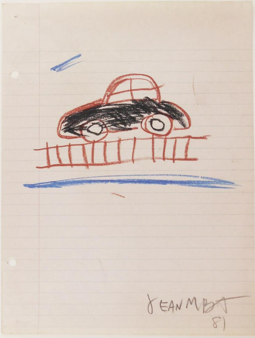 Jean-Michel Basquiat (1960-1988) Oil Stick Sketch: Oil stick drawing on two-hole punched ruled notebook paper, untitled (car), pencil signed* (Jean-Michel Basquiat, 1960-1988) and dated '81. Very good condition. 10 1/2 x 8 inches. This lot has been re