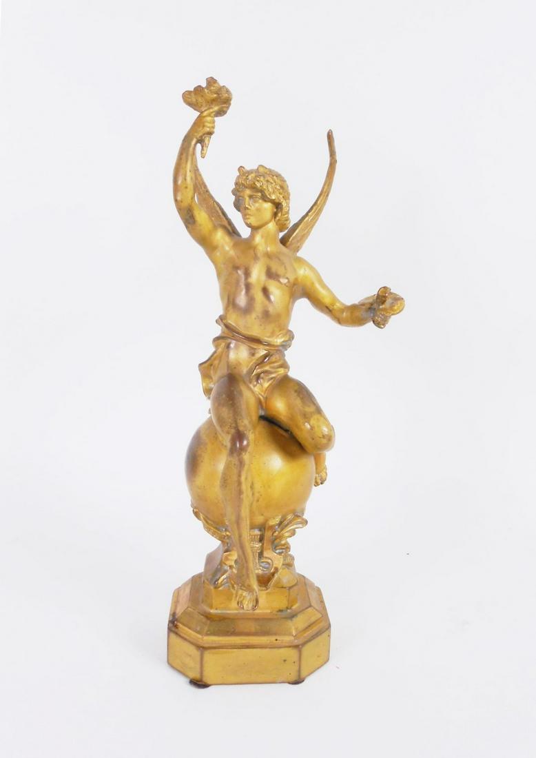 Gilt Bronze Sculpture, Mercury: Gilt bronze figure of Mercury seated atop the world. Unsigned. Probably French, circa 19th century. H. 10 1/2 inches.