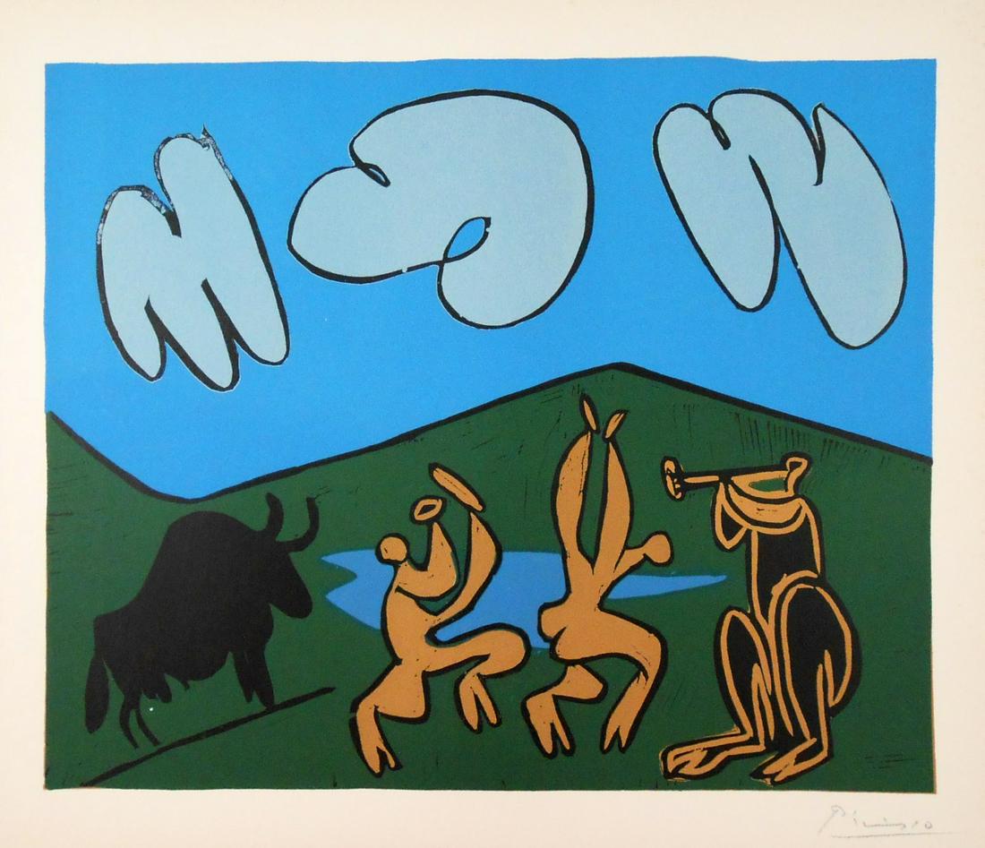 Pablo Picasso (1881-1973) Linoleum Cut: Bacchanal with Black Bull (blue - two shades, ocher, green, black). Facsimile color linoleum cut, Abrams edition, 1962, after the original by Pablo Picasso (1881-1973), created under the direction of 