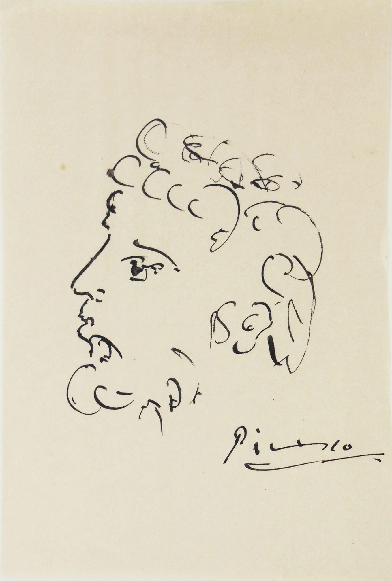 Pablo Picasso (1881-1973) Pen & Ink Drawing: Pen and black ink drawing on thin wove paper, portrait of a man, signed* lower right (Pablo Picasso, 1881-1973). 6 1/2 x 4 3/8 inches. Good condition, having no apparent damage or repairs. Unframed fo