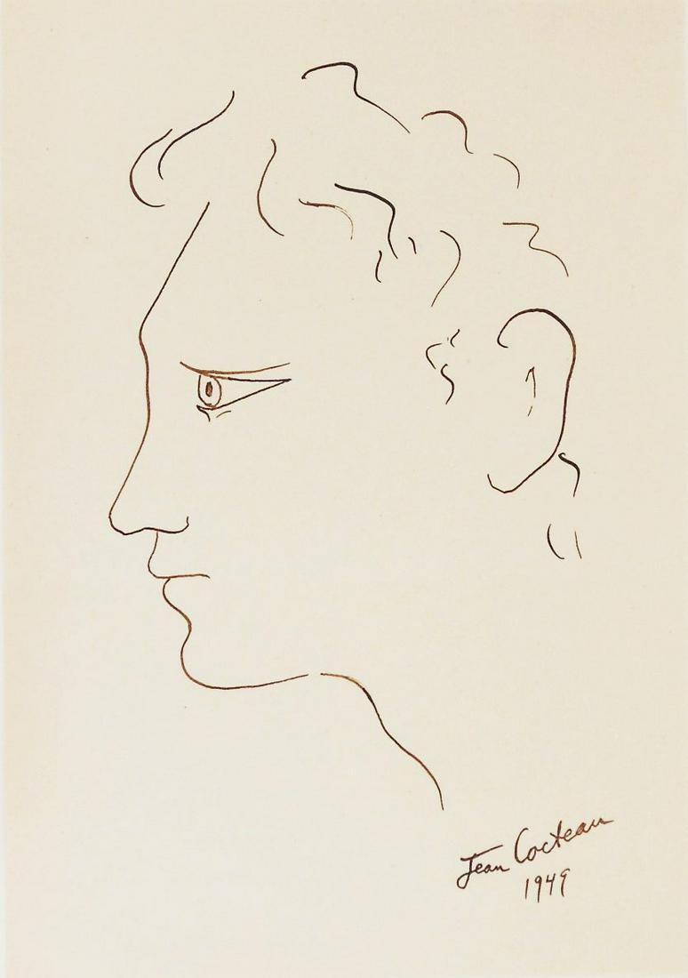 Jean Cocteau (1889-1963) Pen & Ink Drawing: Pen and reddish-brown ink drawing on fine wove paper, portrait of a young man in profile, signed* (Jean Cocteau, 1889-1963). Dated 1949. 9 7/8 x 7 inches. Very good condition, having no apparent damag