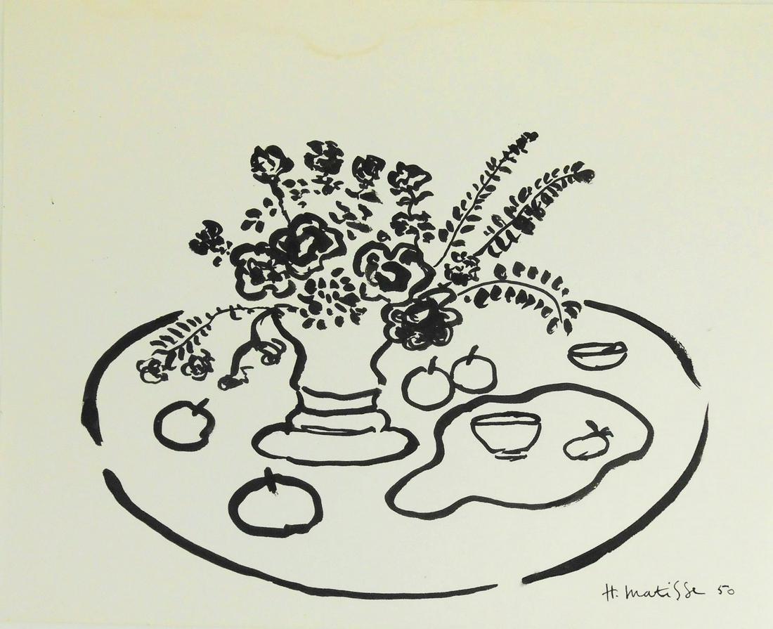 Henri Matisse (1869-1954) Brush & Ink Drawing: Brush and ink drawing on wove paper, still life with vase of flowers and objects on a table, signed* (Henri Matisse, 1869-1954). Dated '50. 9 3/4 x 12 inches. Small stain at top edge of paper otherwis