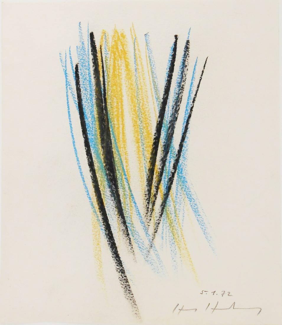 Hans Hartung (1904-1989) Pastel On Paper: Pastel on wove paper, gestural abstract, pencil signed* (Hans Hartung, 1904-1989). Dated 5 -1- 72. 10 1/4 x 9 inches. Some areas of moderate surface dirt, otherwise good condition. Removed from its fr