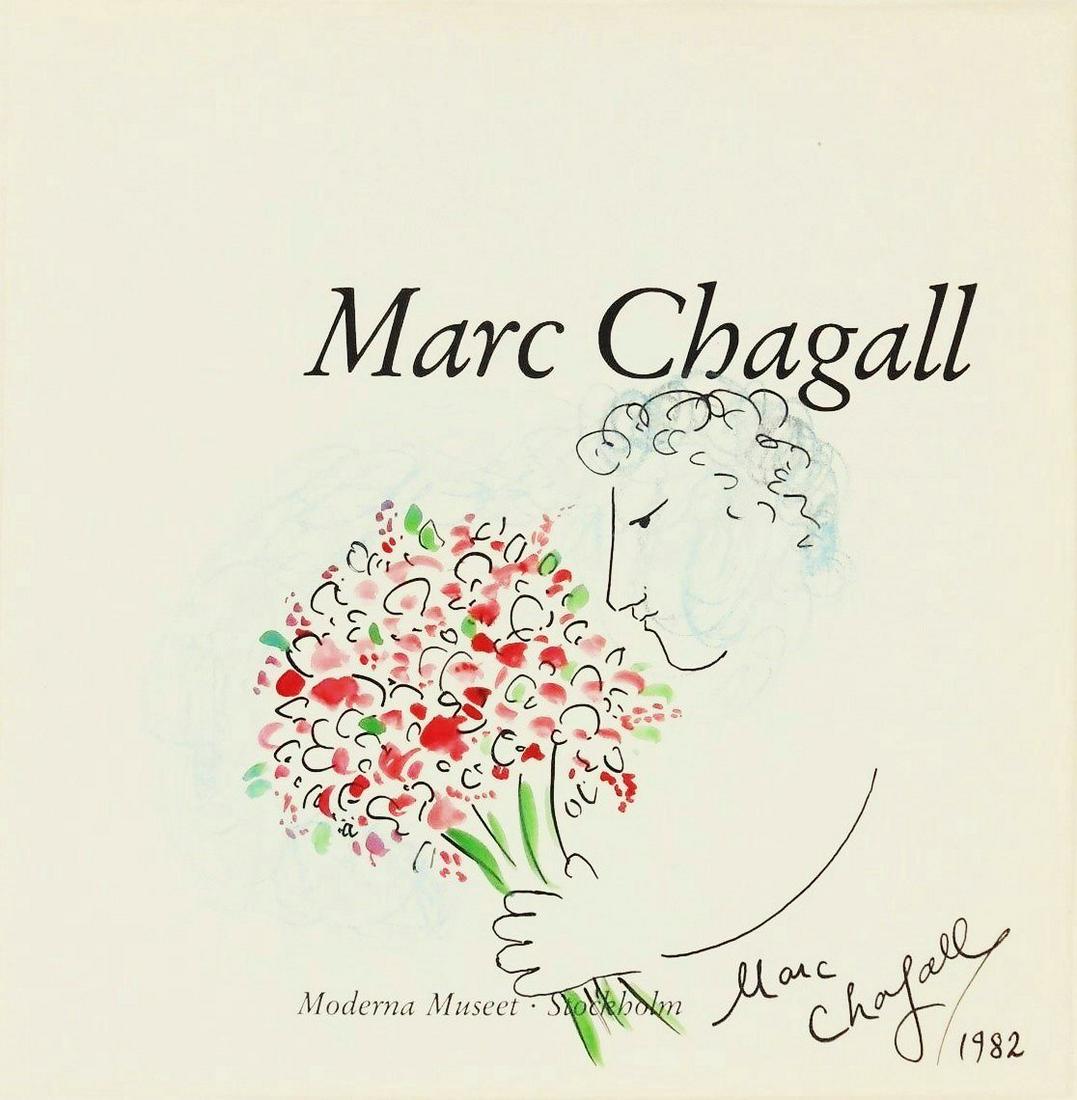 Marc Chagall (1887-1985) Souvenir Drawing: Pen and ink drawing with watercolor and blue chalk, untitled (portrait of the artist holding a bouquet), signed* (Marc Chagall, 1887-1985). Dated 1982 and executed on the printed title page of "Marc C
